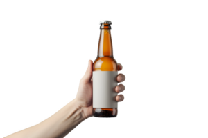 ai gegenereerd hand- Holding leeg bier fles mockup Aan transparant achtergrond png