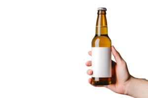AI generated hand holding empty beer bottle mockup on transparent background png