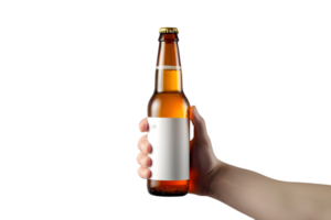 AI generated hand holding empty beer bottle mockup on transparent background png