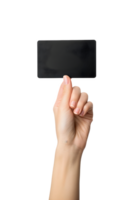 ai genererad kvinna hand innehav svart kort på transparent bakgrund png