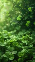 AI generated Green clover background, sun shining, sun rays. St. Patrick's Day Symbol photo