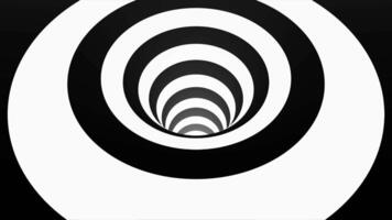 Animated hypnotic tunnel with white and black squares. Striped optical illusion three dimensional geometrical wormhole shape pattern motion graphics. Optical illusion created by zoom in of black and video