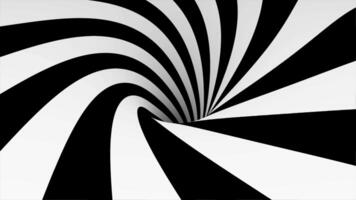 Animated hypnotic tunnel with white and black squares. Striped optical illusion three dimensional geometrical wormhole shape pattern motion graphics. Optical illusion created by zoom in of black and video