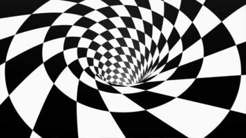 animerad hypnotisk tunnel med vit och svart rutor. randig optisk illusion tre dimensionell geometrisk maskhål form mönster rörelse grafik. optisk illusion skapas förbi zoom i av svart och video