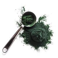 ai generado un cucharón de espirulina polvo con un medición cuchara parte superior ver aislado en un transparente antecedentes foto