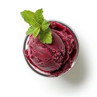 AI generated A cup of acai berry sorbet with a mint sprig top view isolated on a transparent background photo