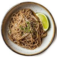 AI generated A dish of soba noodles with a wedge of lime top view isolated on a transparent background photo