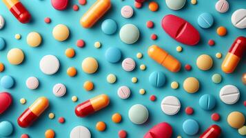 AI generated Vibrant Pills Array on Teal Backdrop photo