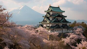 ai generado primavera serenidad, japonés castillo, Cereza flores fuji foto