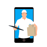 delivery man with a tray and a box on his phone png