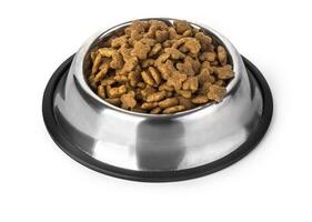 Dog food in bowl, isolated on white photo