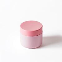 ai generado minimalista rosado cosmético tarro en blanco foto