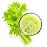 AI generated A glass of celery juice with a stalk of fresh celery top view isolated on a transparent background photo