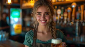 ai generado alegre barman servicio cerveza en pub foto