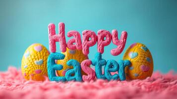 ai generado Pascua de Resurrección saludos, 3d texto y decorado huevos foto