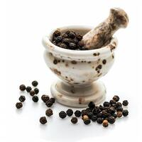 AI generated A porcelain mortar and pestle with whole black peppercorns isolated on a transparent background photo