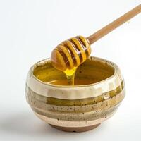 AI generated A ceramic honey dipper with natural honey isolated on a transparent background photo