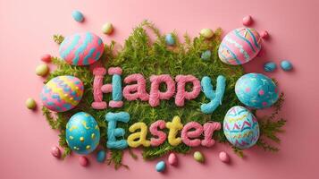 ai generado festivo Pascua de Resurrección huevos y hilo saludo foto