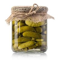 Pickled cucumbers in glass jar photo
