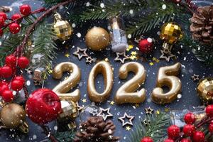 The golden figures 2025 made of candles on a black stone slate background are decorated with a festive decor of stars, sequins, fir branches, balls and garlands. Greeting card, happy New Year. photo