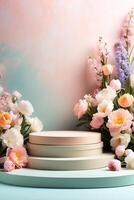 AI generated Podium for demonstration and montage of product with delicate floral spring decor. Spring time background, blooming, birthday, March 8, Easter, women's day, wedding. Copy space. AI photo
