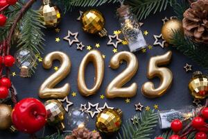 The golden figures 2025 made of candles on a black stone slate background are decorated with a festive decor of stars, sequins, fir branches, balls and garlands. Greeting card, happy New Year. photo