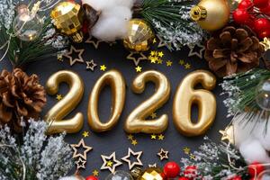 The golden figures 2026 made of candles on a black stone slate background are decorated with a festive decor of stars, sequins, fir branches, balls and garlands. Greeting card, happy New Year. photo