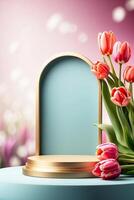 AI generated Podium for demonstration, display and montage of product, cosmetic with bright tulips spring decor. Spring time background, blooming, birthday, March 8, Easter, women's day. Copy space. photo