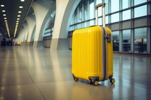 ai generado un amarillo maleta a el aeropuerto es un viaje en un calentar verano clima, un vacaciones recorrido. un vacío salón sin gente. Copiar espacio, burlarse de arriba. ai generado foto