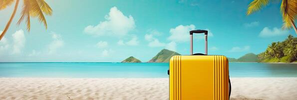 AI generated A yellow suitcase on a tropical beach is a trip to the sea in a warm summer climate, a vacation tour. Copy space, mock up, banner. AI generated photo