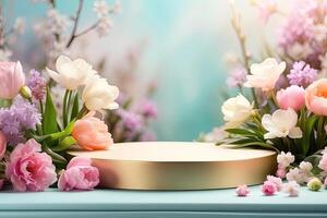 AI generated Podium for demonstration and montage of product with delicate floral spring decor. Spring time background, blooming, birthday, March 8, Easter, women's day, wedding. Copy space. AI photo