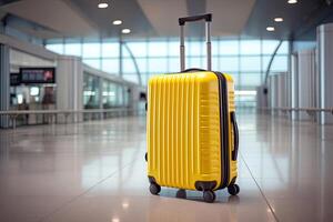 ai generado un amarillo maleta a el aeropuerto es un viaje en un calentar verano clima, un vacaciones recorrido. un vacío salón sin gente. Copiar espacio, burlarse de arriba. ai generado foto