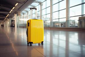 AI generated A yellow suitcase at the airport is a trip in a warm summer climate, a vacation tour. An empty hall without people. Copy space, mock up. AI generated photo