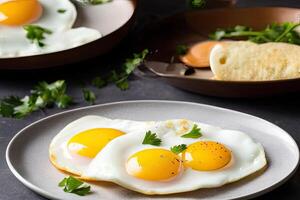 AI generated Fried eggs close up on a white plate with herbs on table. Traditional delicious breakfast. AI generated photo