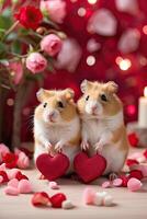 AI generated A cute loving pair of hamsters with red valentine hearts in a romantic Valentine's day decor. Romantic card, love. AI generated photo