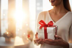AI generated cropped shot of woman holding gift box with red ribbon at home photo