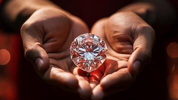 AI generated Close-up of male hands holding diamond on red bokeh background photo