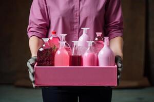 AI generated Cleaning products in the hands of a woman in a pink shirt. photo