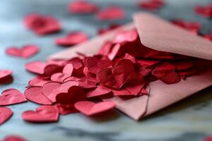 AI generated Envelope with red paper heartsle table, closeup photo