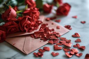 ai generado San Valentín día concepto. rojo rosas y sobrele antecedentes foto