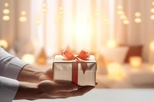 AI generated Female hands holding gift box on blurred interior background. Christmas and New Year concept photo