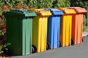 AI generated multi-colored containers for separate garbage, garbage recycling, environmental protection, ecology photo