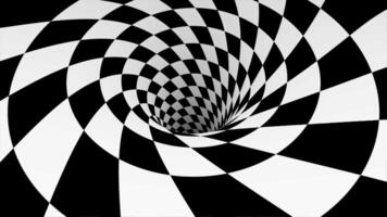 Animated hypnotic tunnel with white and black squares. Striped optical illusion three dimensional geometrical wormhole shape pattern motion graphics. Optical illusion created by zoom in of black and video