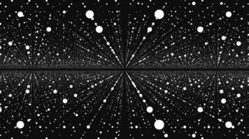 Moving through abstract fractal point matrix lattice. Moving infinite square twisted tunnel of shining flares. Fly into geometric point structure. Infinite space dynamic background. Glowing points video