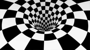 Animated hypnotic tunnel with white and black squares. Striped optical illusion three dimensional geometrical wormhole shape pattern motion graphics. Optical illusion created by zoom in of black and video