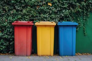 AI generated multi-colored containers for separate garbage, garbage recycling, environmental protection, ecology photo