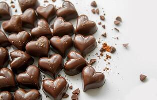 ai generado en forma de corazon chocolates en blanco fondo, Copiar espacio. día festivo, San Valentín día, amor. fotorrealista, antecedentes con bokeh efecto. ai generado. foto