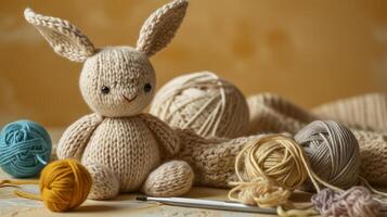 AI generated A handmade knitted bunny with balls of yarn and knitting needles. The concept of manual labor, hobbies, and comfort. Photorealistic, background with bokeh effect. photo