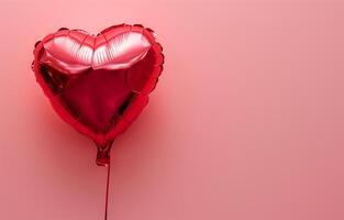 ai generado un rojo brillante globo en el forma de un corazón en un rosado antecedentes. día festivo, San Valentín día, amor. fotorrealista, antecedentes con bokeh efecto. ai generado. foto