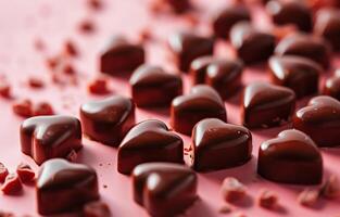 AI generated Heart-shaped chocolates on pink background, copy space. Holiday, Valentine's day, love. Photorealistic, background with bokeh effect. AI generated. photo